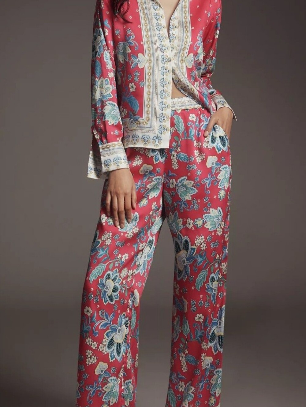 Maeve Red Floral Wide-Leg Pants with Blue & Cream Accents